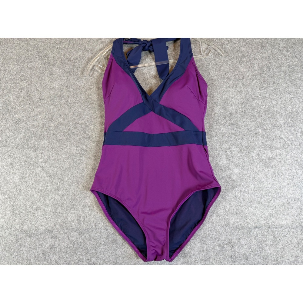 Boden One Piece Swimsuit Womens 8 Purple Navy Halter Colorblock Excellent
